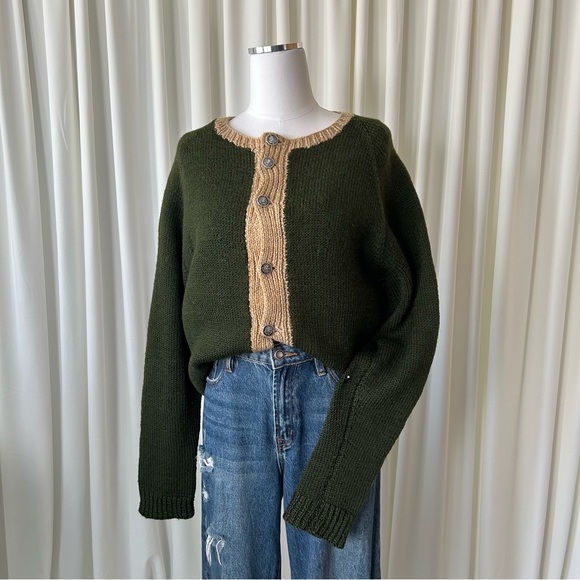 no brand Sweaters - Color block Green and tan crewneck wool cardigan.